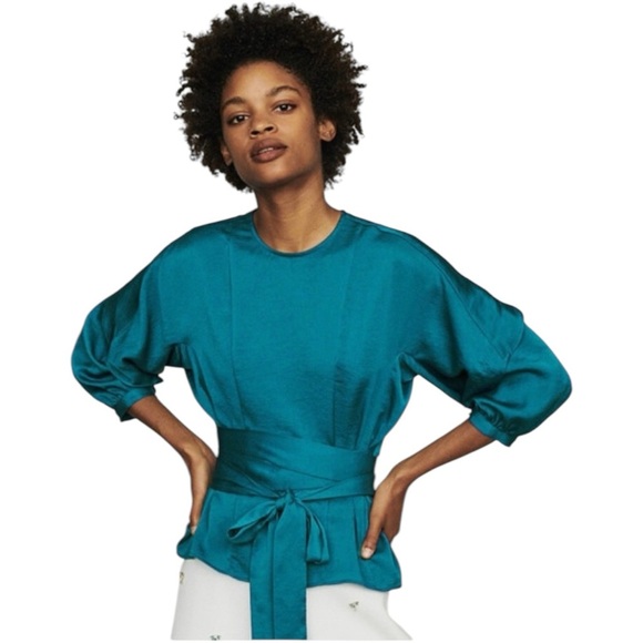 MAJE Lavana Self-Tie Crepe Blouse in Peacock Blue | Long Billow Sleeve Top Large - Picture 12 of 12